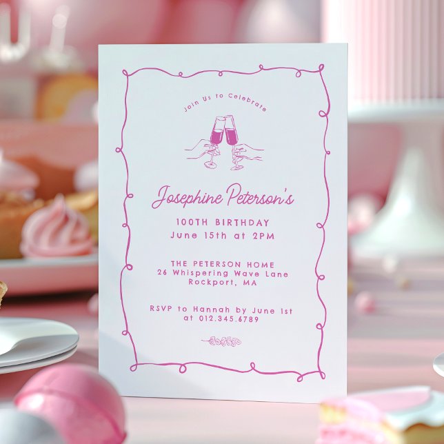 Convites 100.ª Festa de aniversário, rosada, rabisco (Criador carregado)