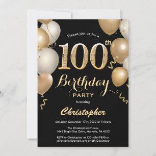 Convites 100.º Aniversário, Balões Negros e Dourados Confet