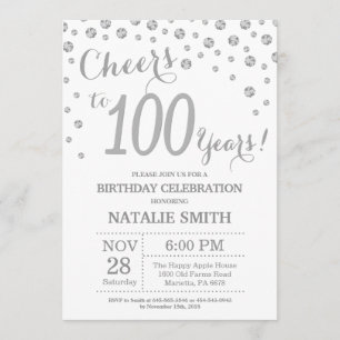 Convites 100.º Aniversário do Diamante de Silver Glitter