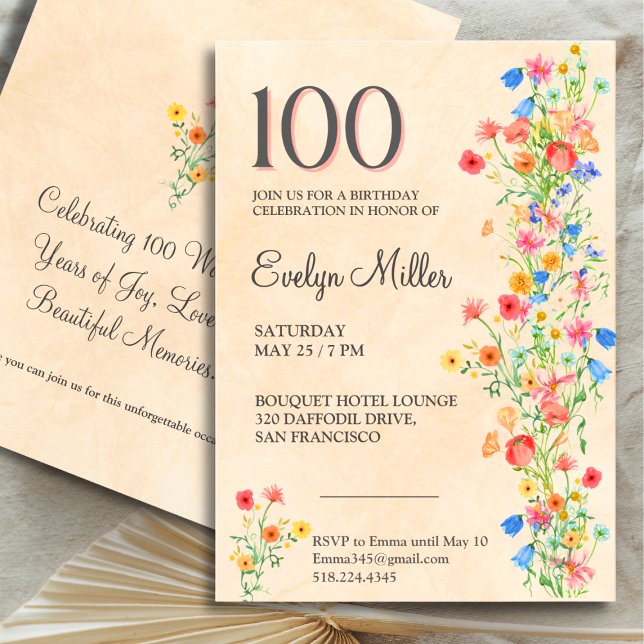 Convites 100.º aniversário - Flores selvagens elegantes (Criador carregado)