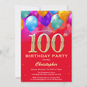 Convites 100.º Aniversário, Vermelho e Dourado Balões Co