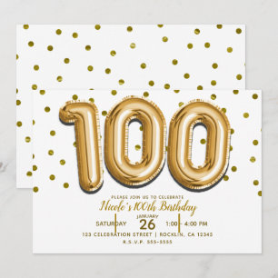 Convites 100 Balões Dourados & Confetes Aniversário de 100 