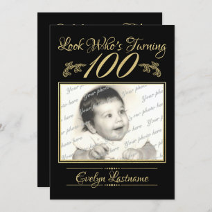 Convites 100 Foto Elegante de Aniversário Dourada e Preta