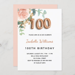 Convites 100.o aniversário da folhagem floral de rosa de ou