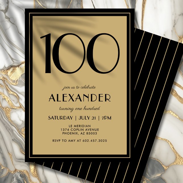 Convites 100th Birthday Adult Black and Gold Modern Minimal (Personalized black and gold invitation for an unforgettable 100th birthday.)