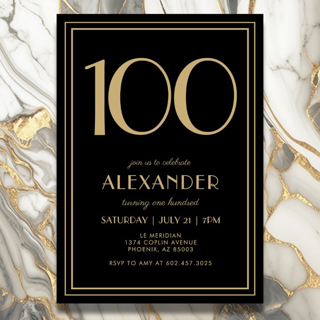 Convites 100th Birthday Black and Gold Modern Minimal Adult (Elegant black and gold 100th birthday invitation design for him or her.)