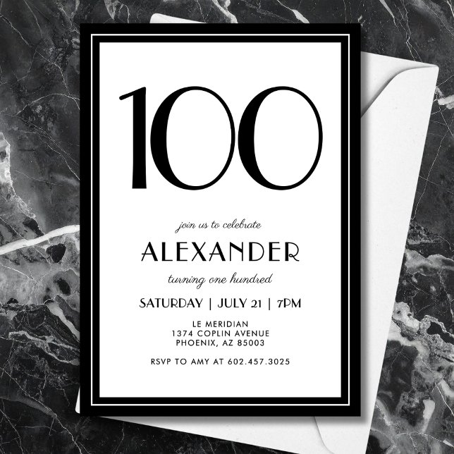 Convites 100th Birthday Black and White Modern Minimalist  (A chic black & white invitation that blends modern minimal design with elegance for 100th birthday.)