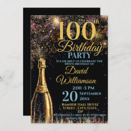 Convites 100th Birthday Bubbly Fireworks Gold Blue