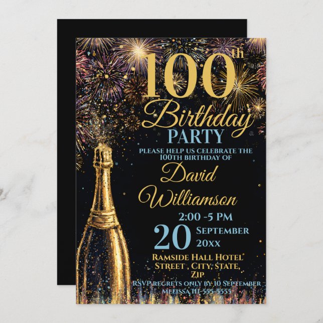 Convites 100th Birthday Bubbly Fireworks Gold Blue (Frente/Verso)