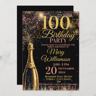 Convites 100th Birthday Bubbly Fireworks Gold Pink