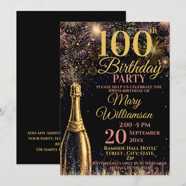 Convites 100th Birthday Bubbly Fireworks Gold Pink (Frente/Verso)