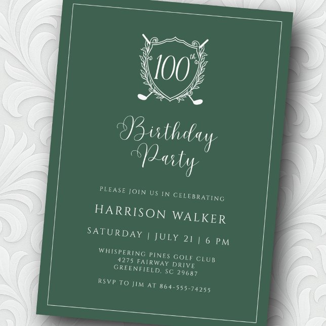 Convites 100th Birthday Party Golf Crest Elegant Script (Rich green tones for a polished, upscale feel.)