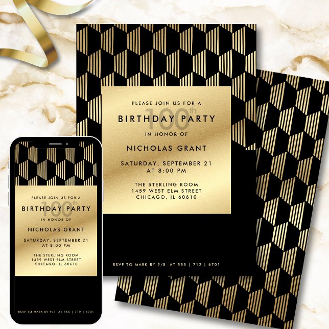 Convites 100th Birthday Party Modern Black and Gold Foil (Criador carregado)