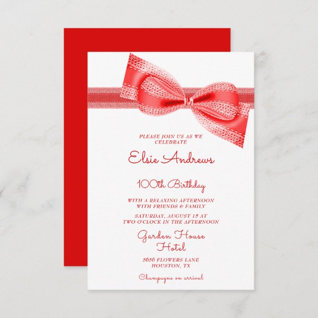 Convites 100th Centenarian Red Bow & Ribbon Birthday (Frente/Verso)