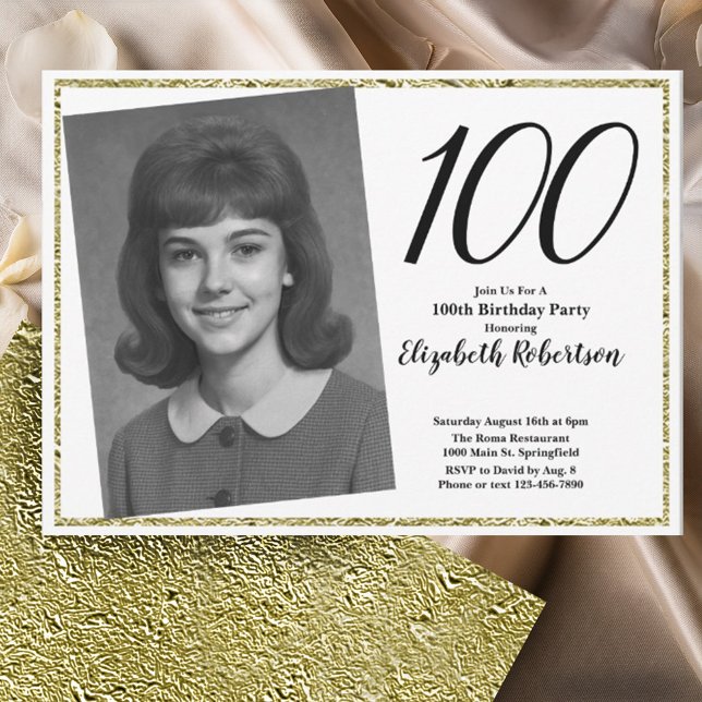 Convites 100th Custom Photo White and Gold  (Criador carregado)