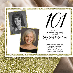 Convites 101º Personalizado Foto Branco e Dourado