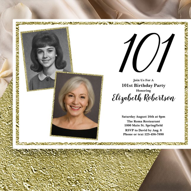 Convites 101º Personalizado Foto Branco e Dourado  (Criador carregado)