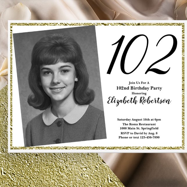 Convites 102º Personalizado Foto Branco e Dourado  (Criador carregado)