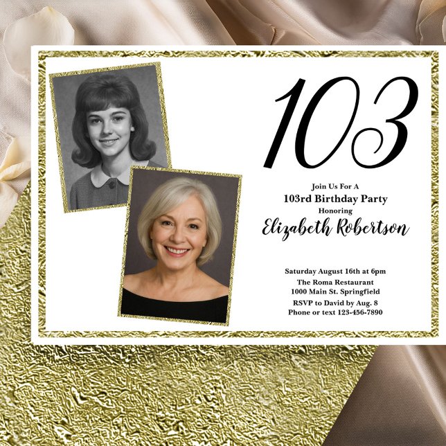 Convites 103º Personalizado Foto Branco e Dourado  (Criador carregado)