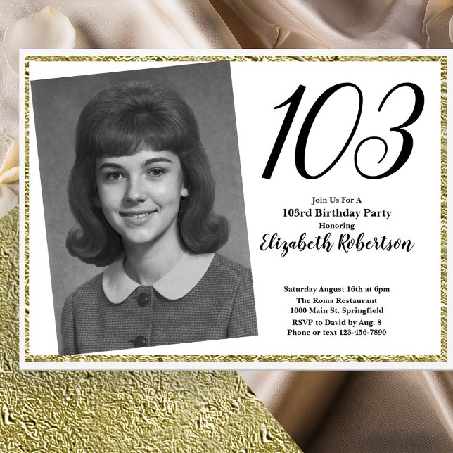 Convites 103º Personalizado Foto Branco e Dourado  (Criador carregado)
