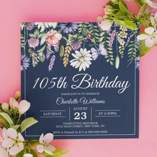 Convites 105. º aniversário Marinho de flores selvagens Ele (105th Birthday Wildflowers Navy Elegant 105 Years Invitation
)