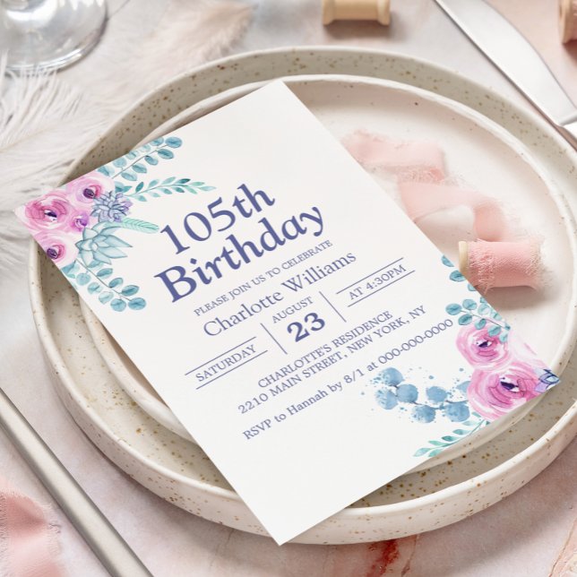 Convites 105.º Aniversário, Rosa Floral, 105 Anos (105th Birthday Floral Pink 105 Years Invitation
)