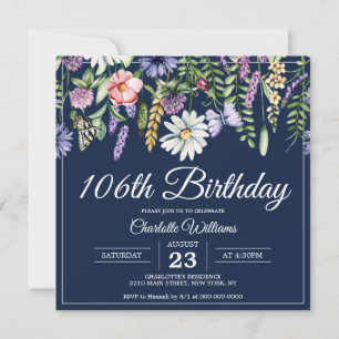 Convites 106. º aniversário Marinho de flores selvagens Ele