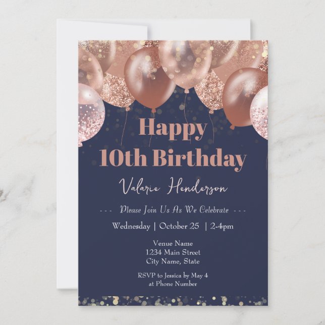 Convites 10.º Aniversário Balões Rosa (Frente)