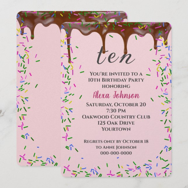 Convites 10.º Aniversário Com Gato De Chocolate E Préguas (Frente/Verso)