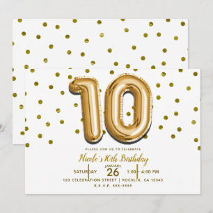 Convites 10 Dez Balões Dourados Confetes Aniversário de 10 