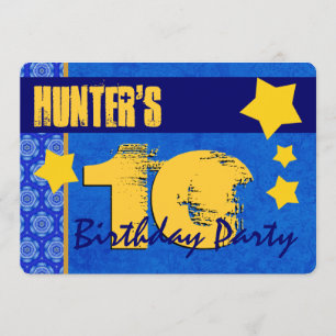 Convites 10o Aniversário moderno para ele azul e o ouro