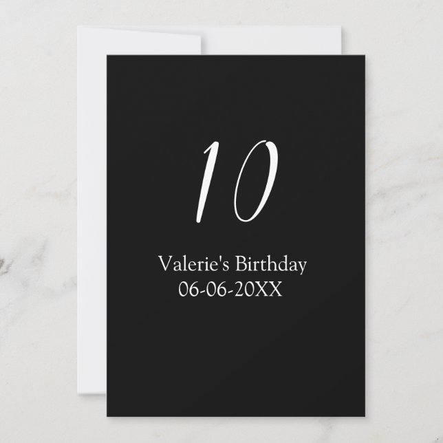 Convites 10th birthday white black name date calligraphy  (Frente)