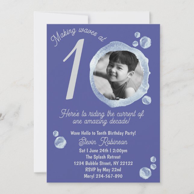 Convites 10th Indigo Blue Bubble Birthday Party Invitation (Frente)