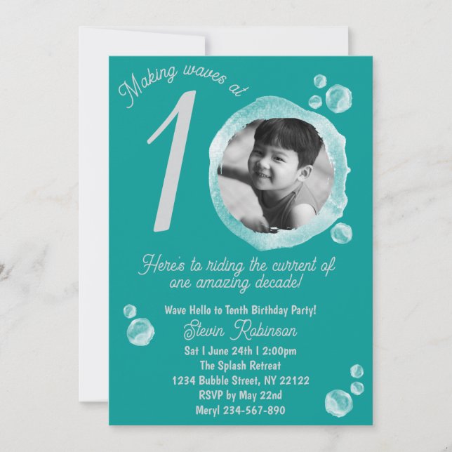 Convites 10th Ocean Teal Bubble Birthday Party Invitation (Frente)