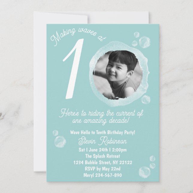 Convites 10th Pale Teal Blue Bubble Birthday Party  (Frente)