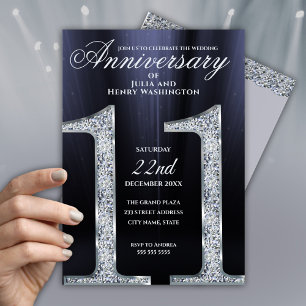 Convites 11º Aniversário Diamante Prata Anos Azul Escuro