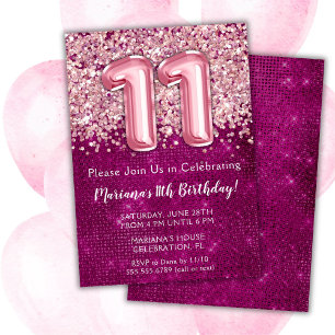 Convites 11 de Aniversário Rapariga Magenta Rosa Brilhante