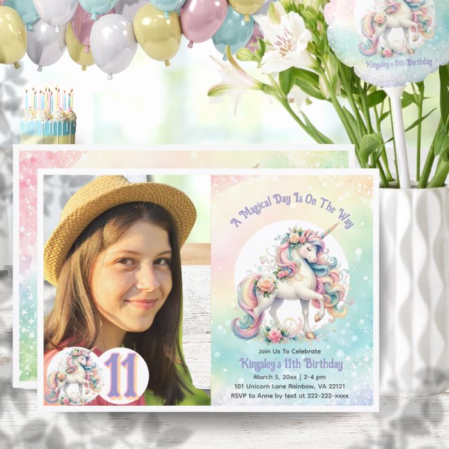 Convites 11 Décima Primeira Festa de aniversário de Fotogra (11th Eleventh Unicorn Birthday Party Party Rainbow Invitation)