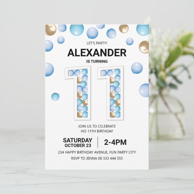 Convites 11 Festa de aniversário, Blue e Dourado Balon Boy (Em pé/Frente)