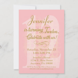 Convites 12 Aniversário Chamando Meninas Corações Dourad