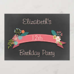 Convites 12 Birthday Pink Banner Flowers Chalkboard