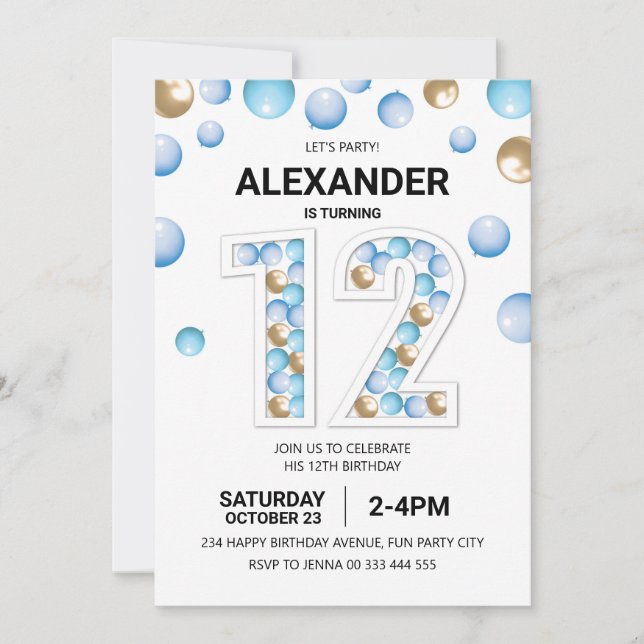 Convites 12 Festa de aniversário, Blue e Dourado Balon Boy (Frente)