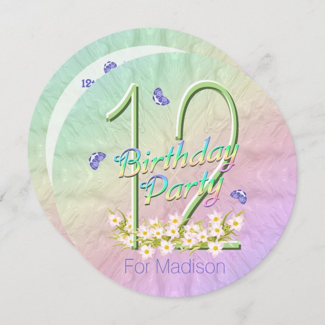 Convites 12 Festa de aniversário Borboleta Arco-Íris Convit (Frente/Verso)