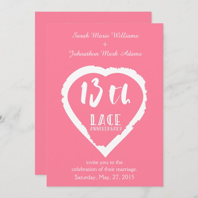 Convites 13º aniversário de casamento tradicional renda (Frente/Verso)