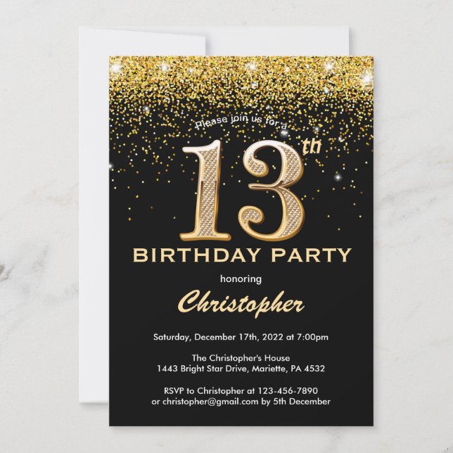 Convites 13 Birthday Black and Dourado Glitter Confetti (Frente)