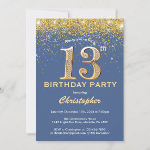 Convites 13 Birthday Blue e Dourada Glitter Confetti