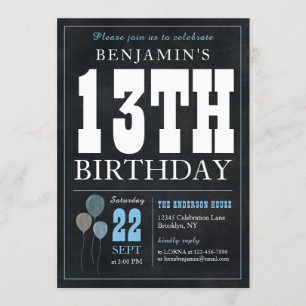 Convites 13 Birthday Chalkboard Blue Balloon Russo Chic