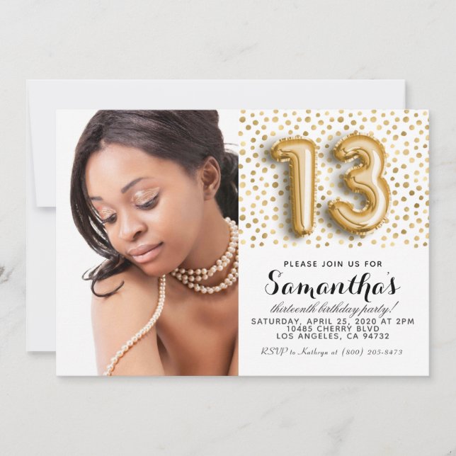 Convites 13 Birthday Confetti Dourado Retrato (Frente)