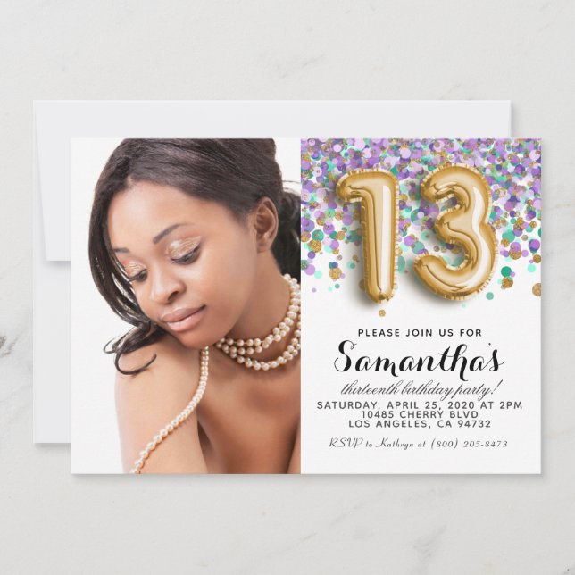 Convites 13 Birthday Confetti Dourado Retrato (Frente)