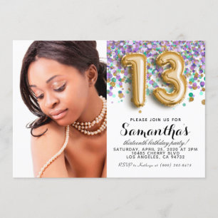 Convites 13 Birthday Confetti Dourado Retrato